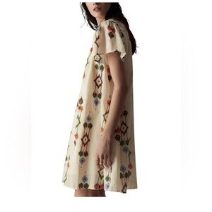 Marks & Spencer Per Una Cotton Ecru Print Mini Dress Size 12 Boho Flutter Sleeve